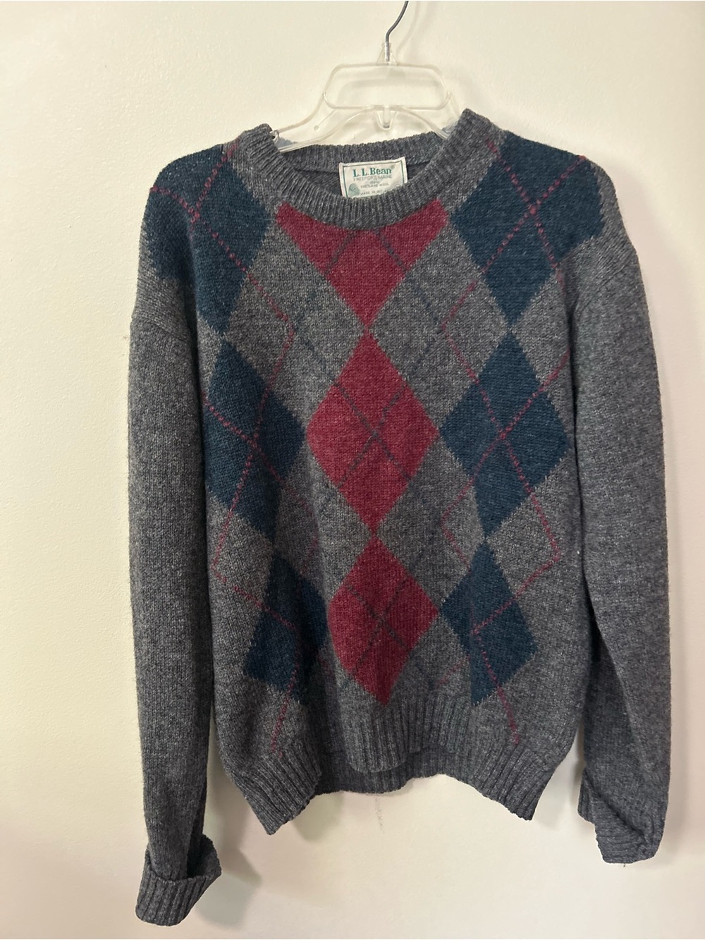 L.L. Bean Vintage Gray Sweater with Red and Blue Argyle Shetland Wool, Ireland